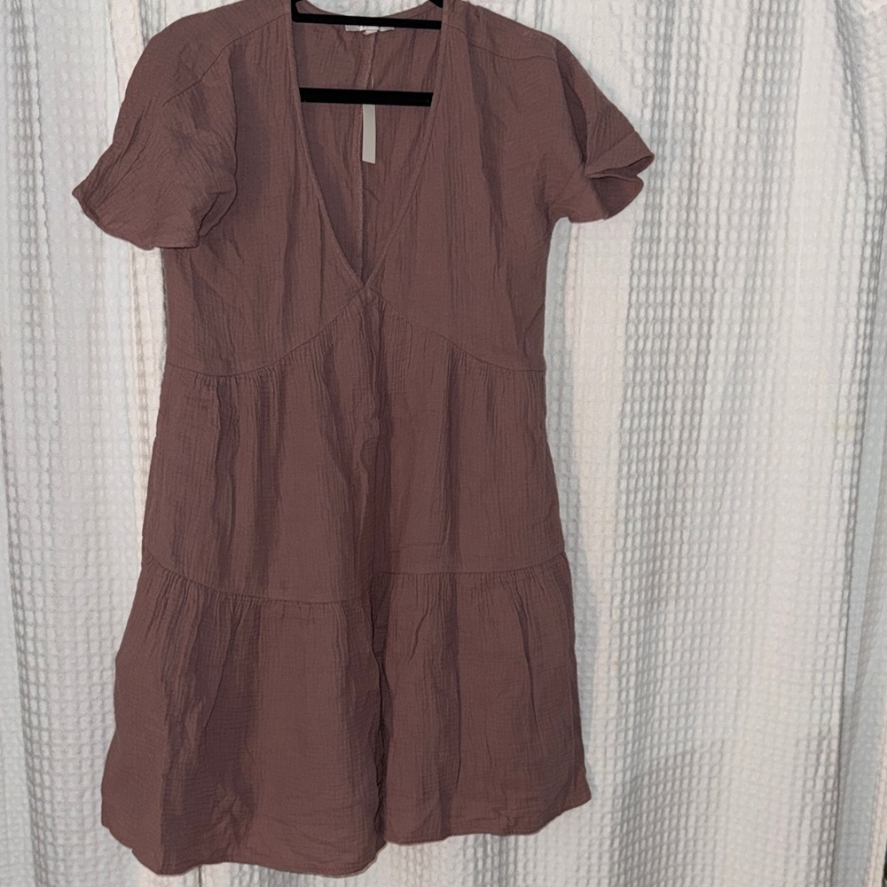 Madewell Mauve V-Neck Tiered Mini Dress